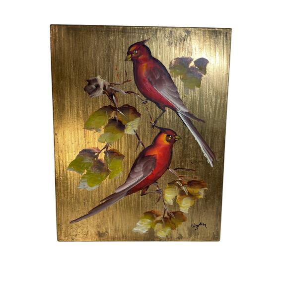 MCM Hand Painted Birds on Gold Leaf Background Original Acrylic VTG 10x7.75" - Picture 1 of 6